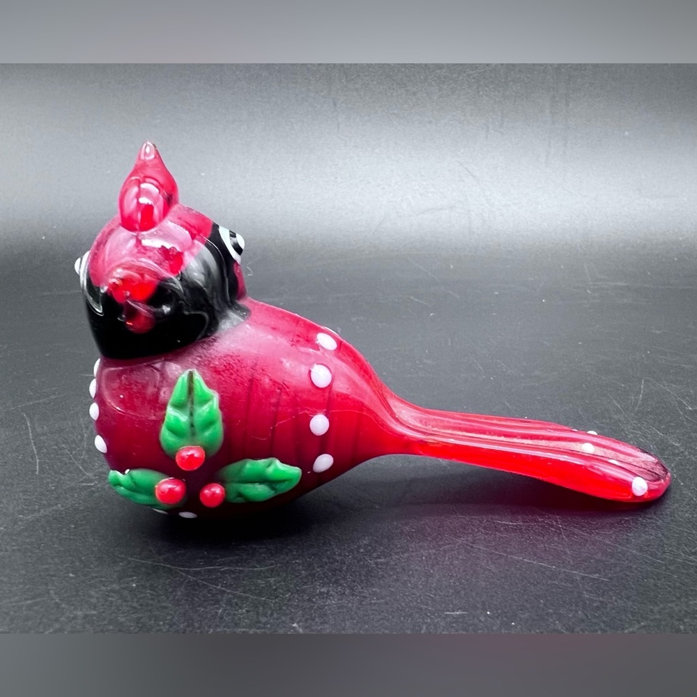 Art Glass Christmas Red Cardinal Bird Holly Figurine Small 2” x 3” GIFT BOX